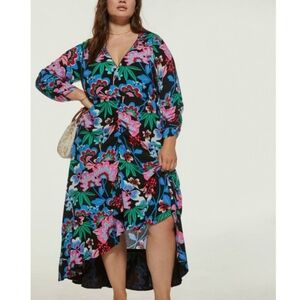 Anthropologie Maeve Vibrant Floral Long Sleeve Dress - Black, Blue, Pink, Green